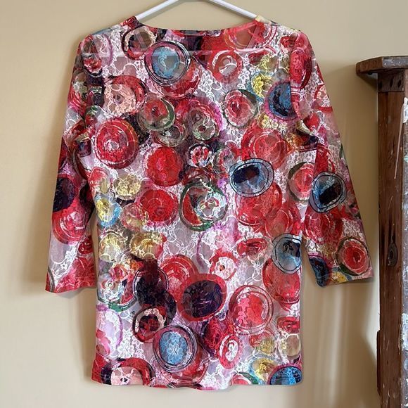 Alison Sheri women’s top size S colourful lace blouse 3/4 sleeve - Picture 3 of 6